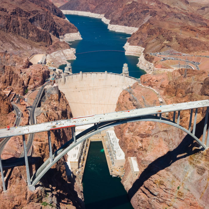 Aerial view of Hoover Dam and the Colorado River Bridge