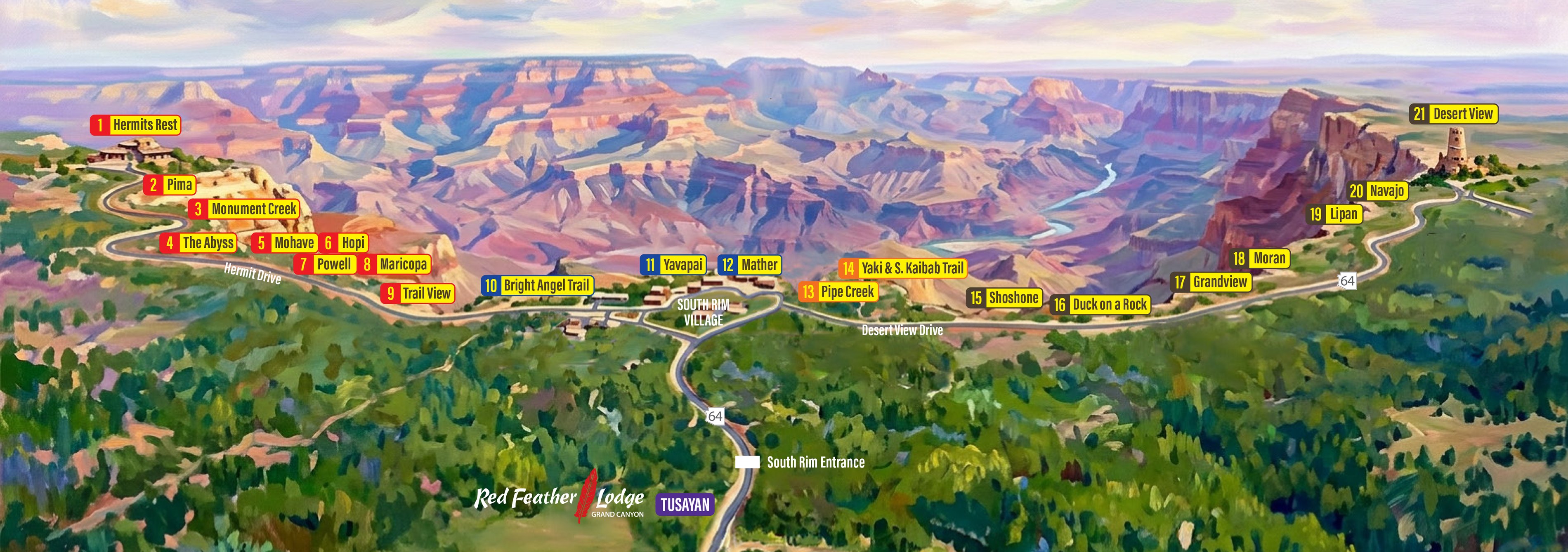 Illustrated panorama of the Grand Canyon South Rim with 21 numbered viewpoints